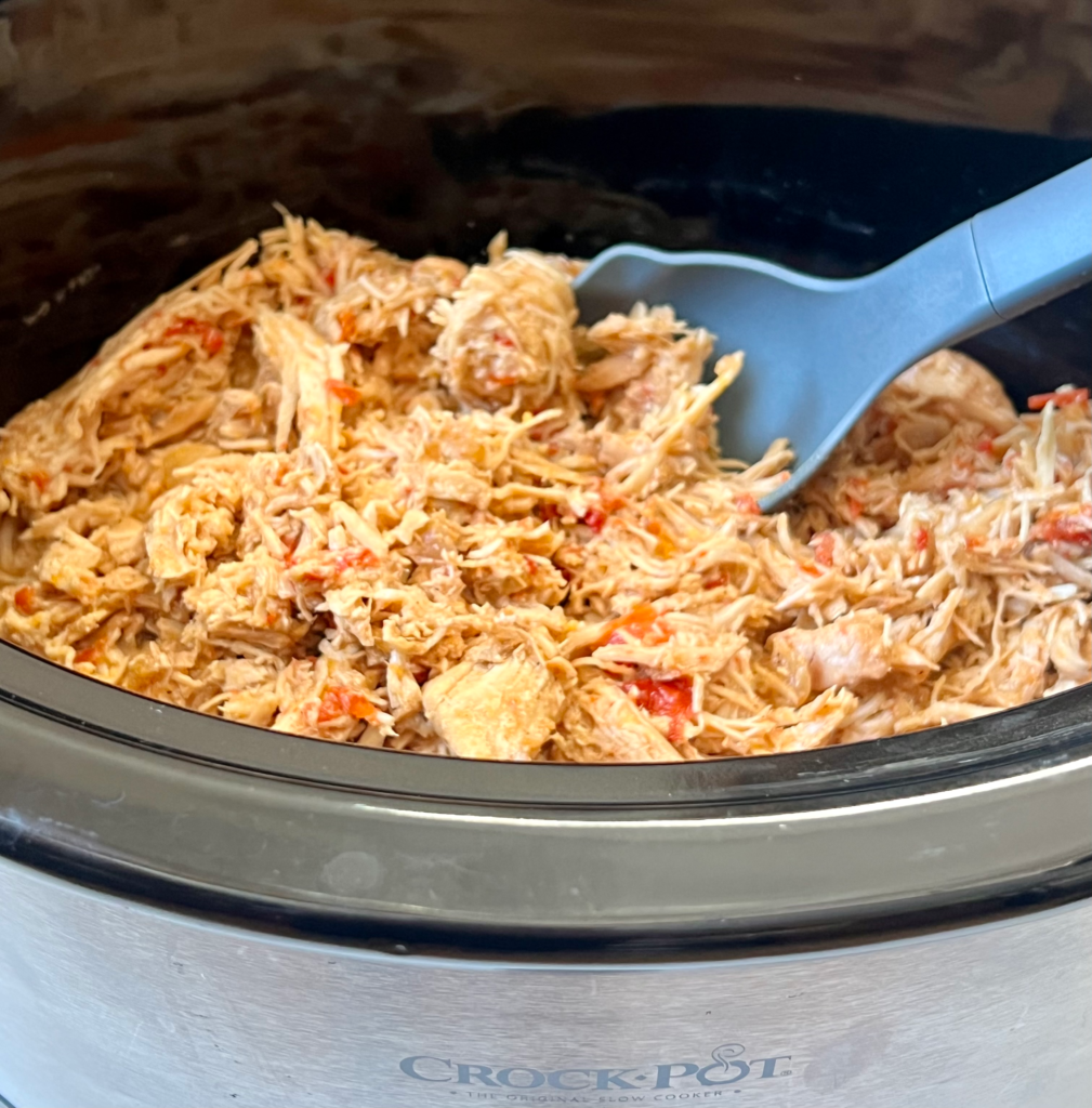 Easy crock pot shredded chicken dinner cooked in a slow cooker