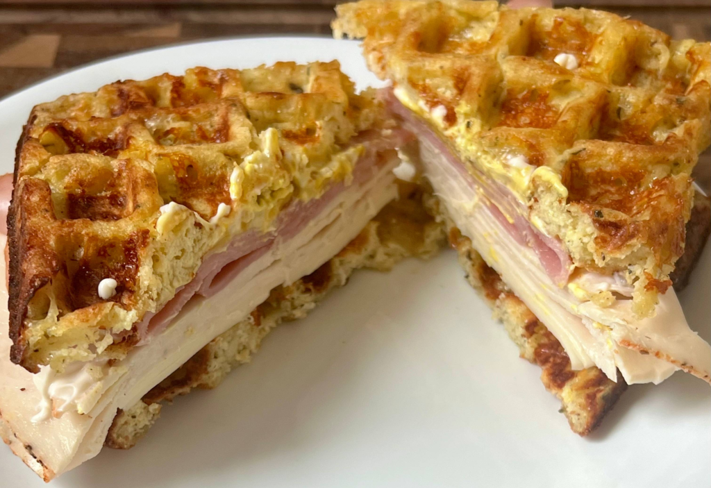 Keto chaffle sandwich cooked until crispy and golden
