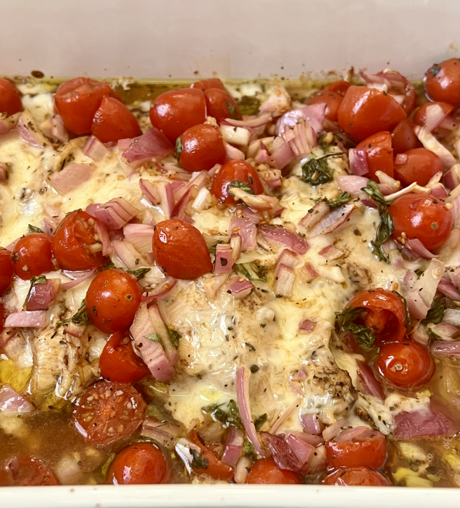 Low carb chicken bruschetta with fresh tomatoes and basil